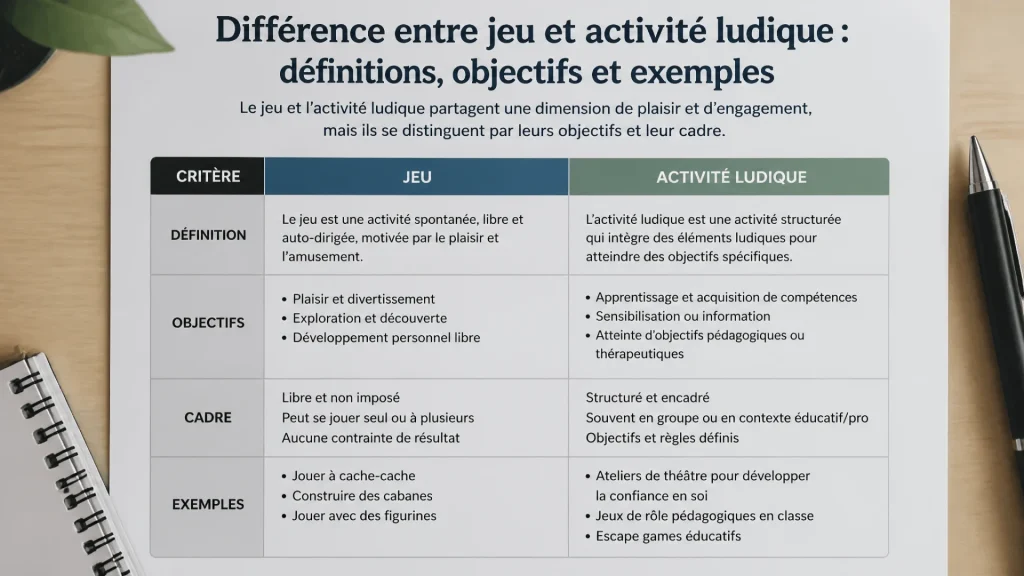 Différence entre jeu et activité ludique : définitions, objectifs et exemples avec texte