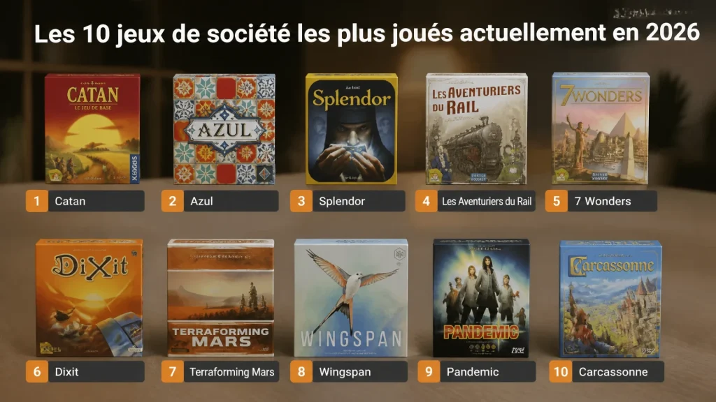 Les 10 jeux de société les plus joués actuellement en 2026 avec texte