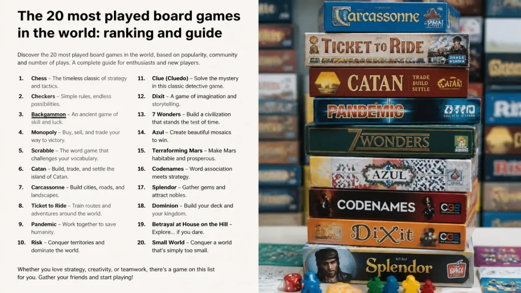 Les 20 jeux de société les plus joués au monde : classement et guide avec texte